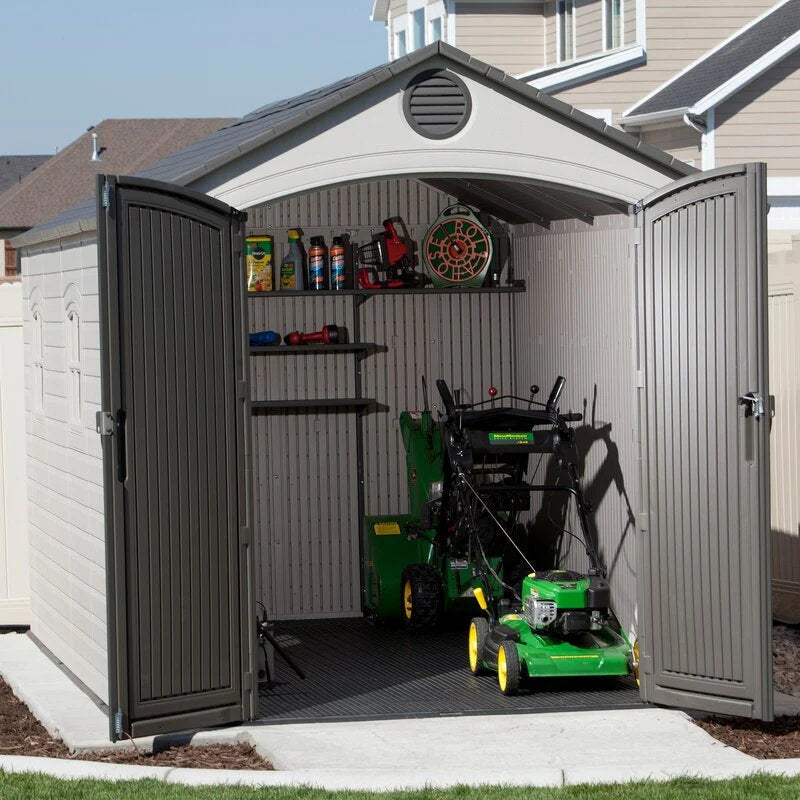 Plastic Storage Shed, 8 ft. W x 12.5 ft. D, Desert Tan And Dark Brown