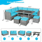 7-Piece Rattan Patio Dining Set With 3 Corner Chairs, 3 Ottomans And Table