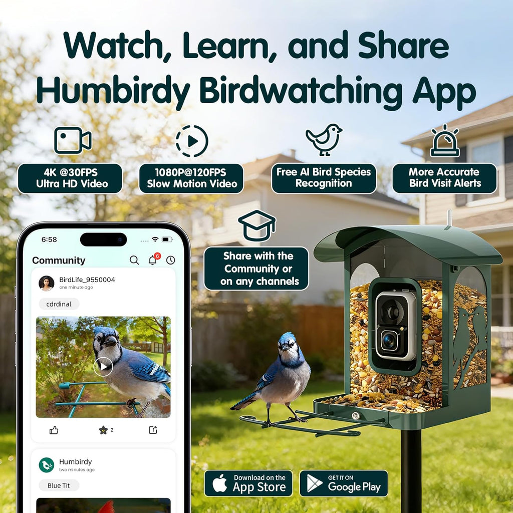 Humbirdy Smart Bird Feeder With Camera, 4K Ultra HD, Solar Powered, 2.4G/5G Wi-Fi