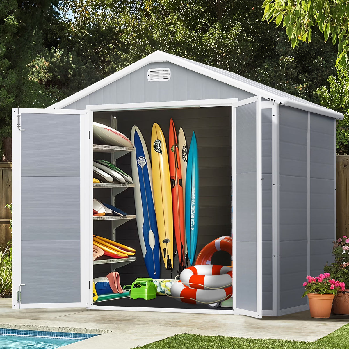 Seizeen Resin Outdoor Storage Shed With Floor, Light Gray, 82 in H