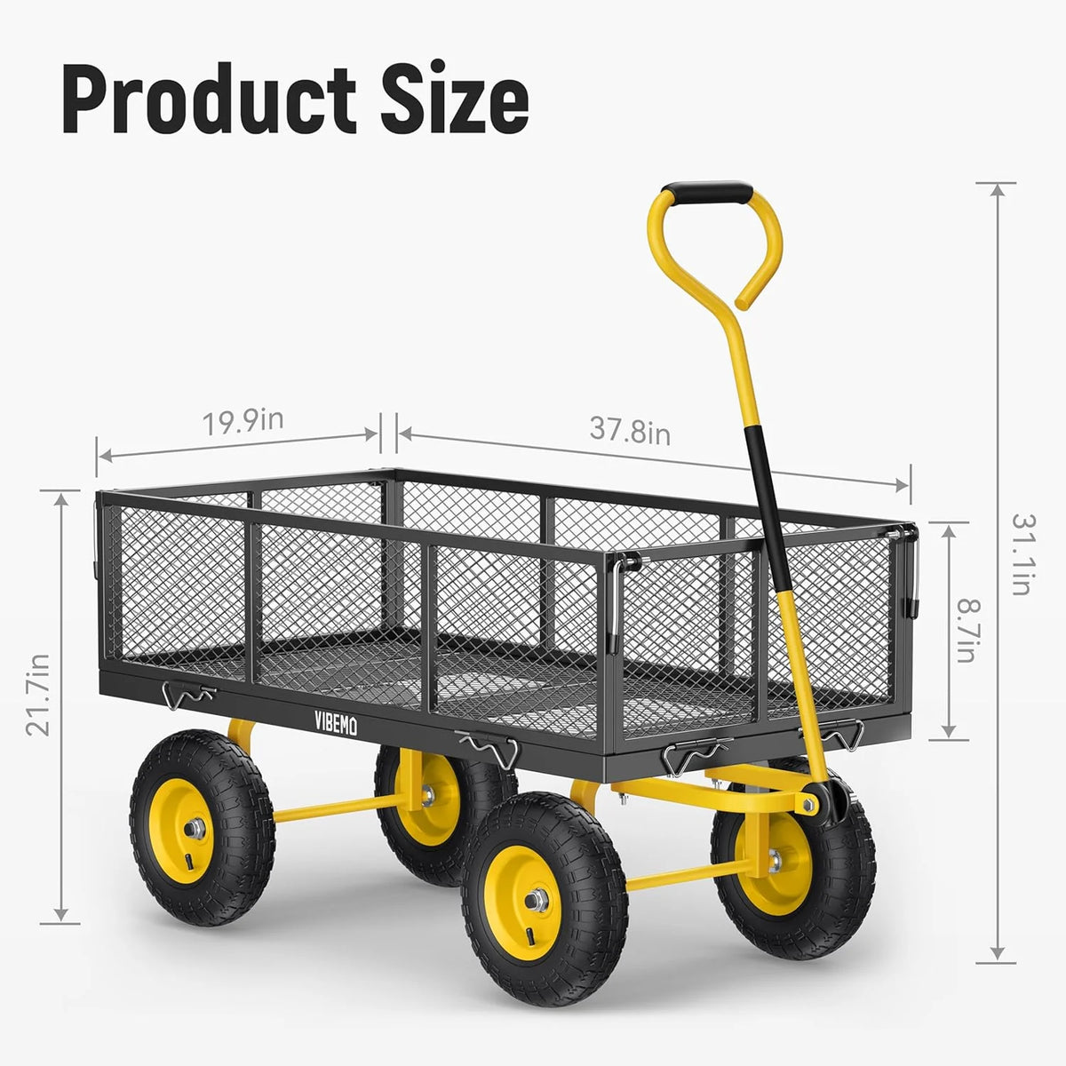 Vibemo Steel Garden Cart 2-in-1, 1400 lbs, 13 in Pneumatic Tires, Black - VB-GC02