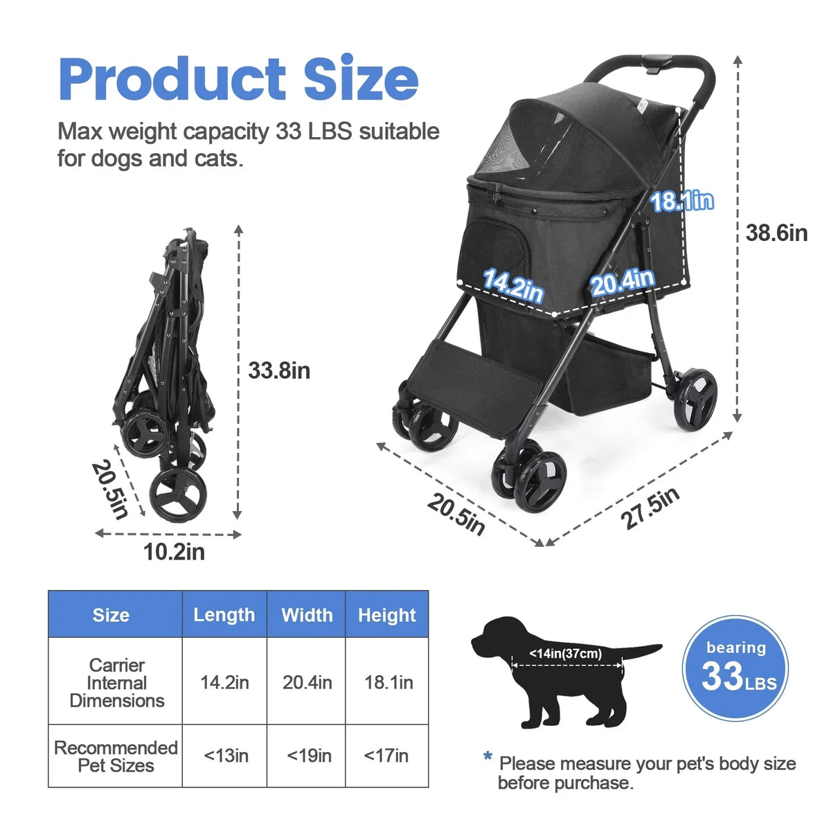 Wedyvko 4 Wheel Foldable Pet Stroller With Storage Basket For Small Medium Dogs & Cats - Black