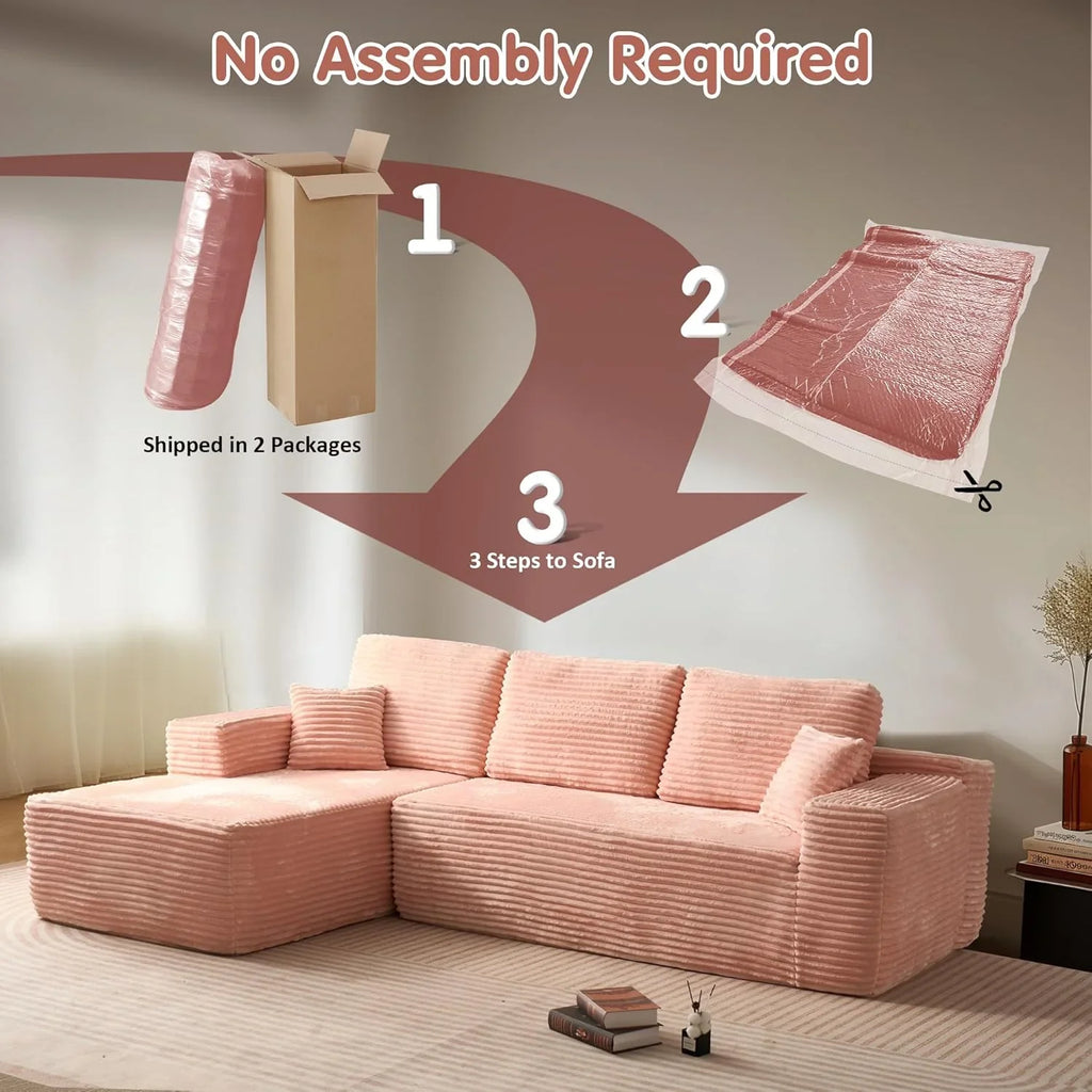 ovios 104in L-Shape Sectional Sofa With Chaise, Grey Plush Corduroy Fabric