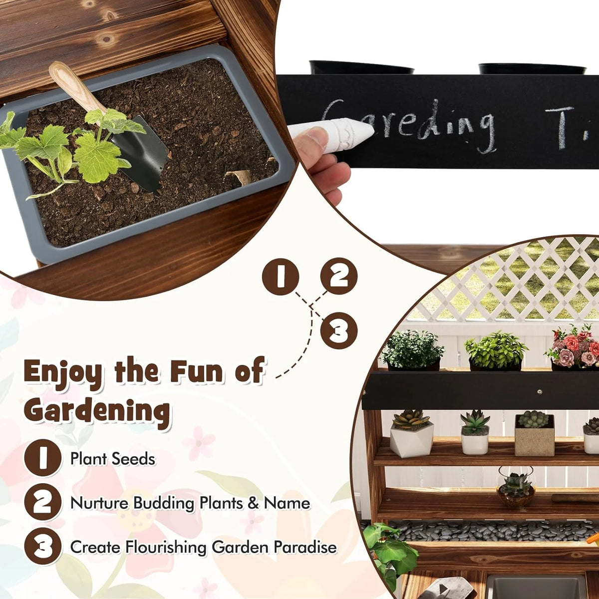 DORTALA Kids Potting Bench Mud Kitchen, Fir Wood, 4 Pots, 28 x 16 x 36 in