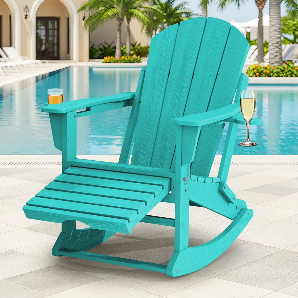 KINGYES Folding Adirondack Rocker Chair Set Of 2 With Footrest And Dual Cup Holders - Black