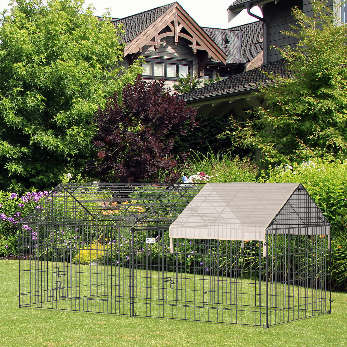 PawHut Metal Chicken Coop, 86.5 in x 40.5 in, Beige - Portable Small Animal Playpen