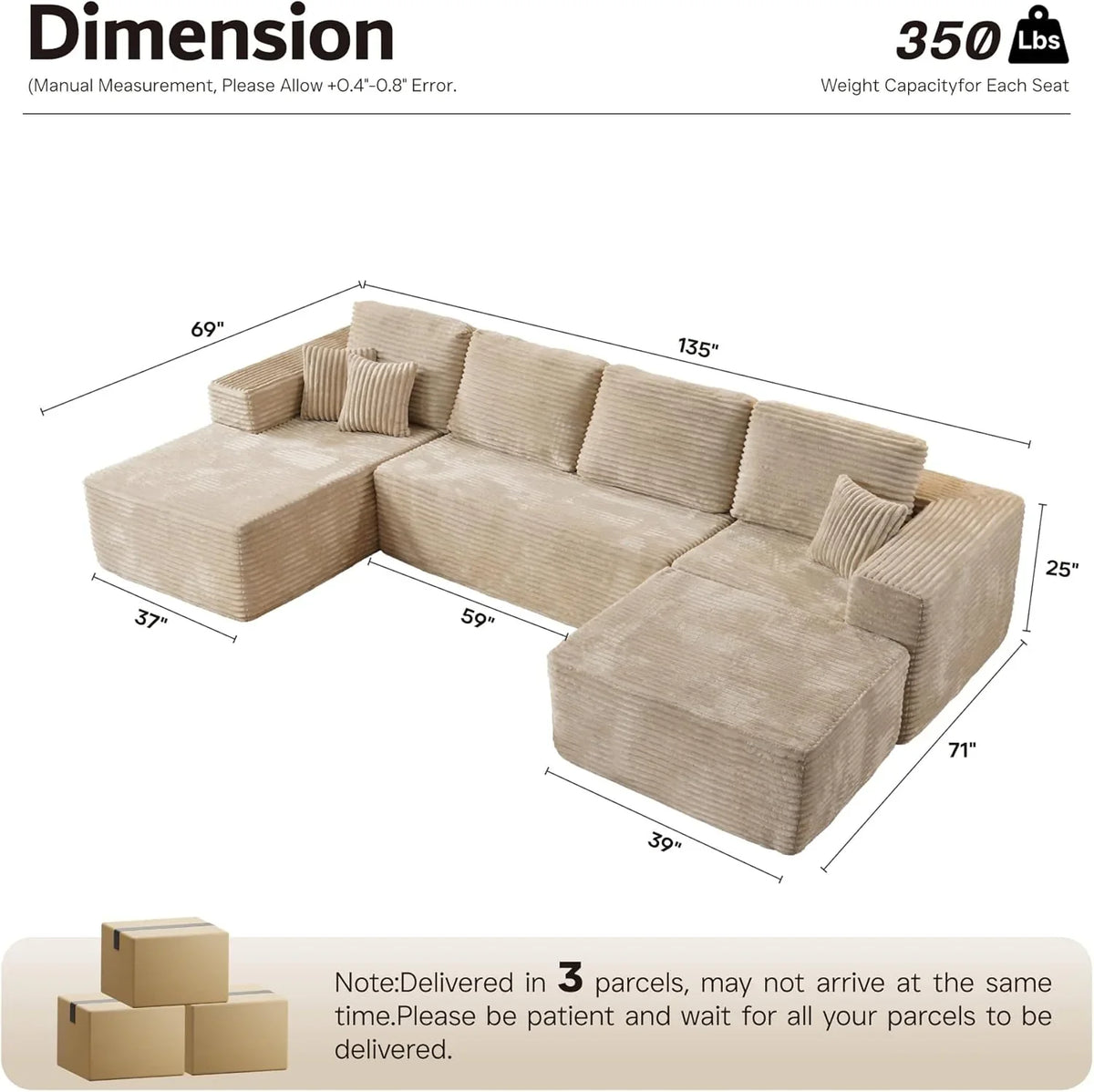 ovios 104in L-Shape Sectional Sofa With Chaise, Grey Plush Corduroy Fabric