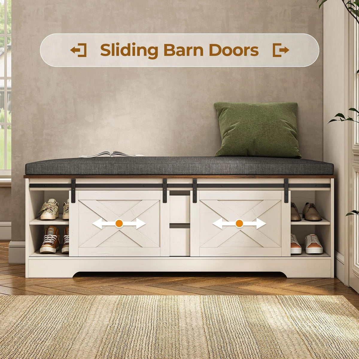 Farmhouse Shoe Storage Bench With Cushion, 31.4in, Metal Barn Door, Old White