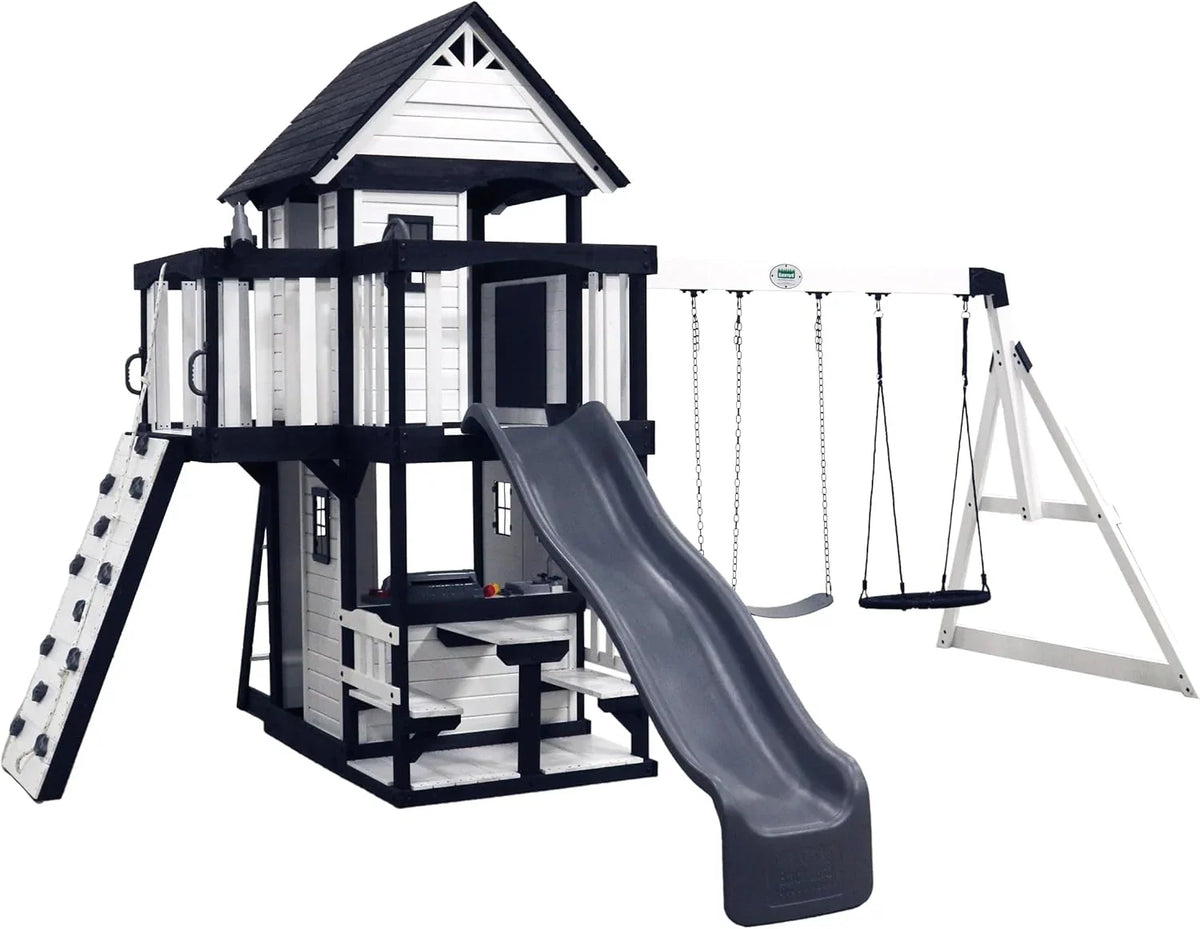 Backyard Discovery Cedar Wood Swing Set With Wave Slide, Clubhouse, Play Kitchen, Belt And Web Swings - Canyon Creek