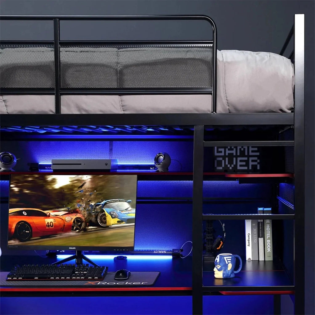 X Rocker Battle Bunk Gaming Bed With Desk, Metal, Twin, Black