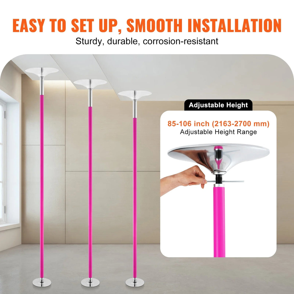 KFFKFF Dance Pole Set, 45mm Stainless Steel, Silver - HM-590S