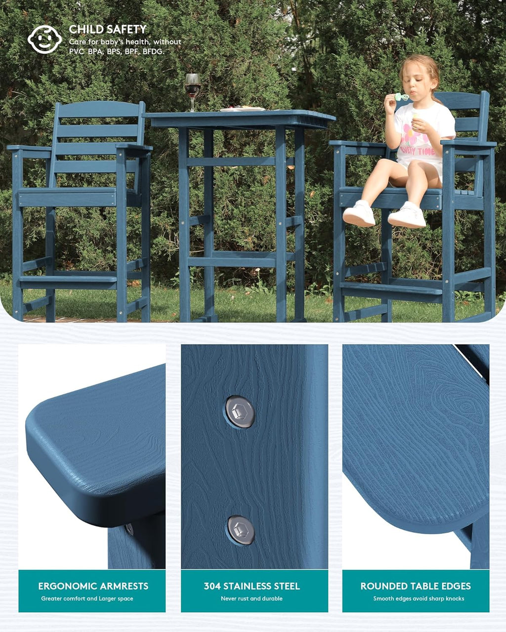 SERWALL 3-Piece Adirondack Bar Height Chair And Table Set, Blue