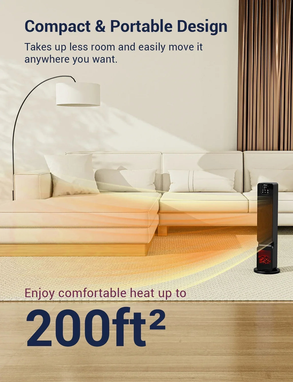 DELLA 26 in 1500W PTC Ceramic Tower Space Heater With 3D Flame, Black
