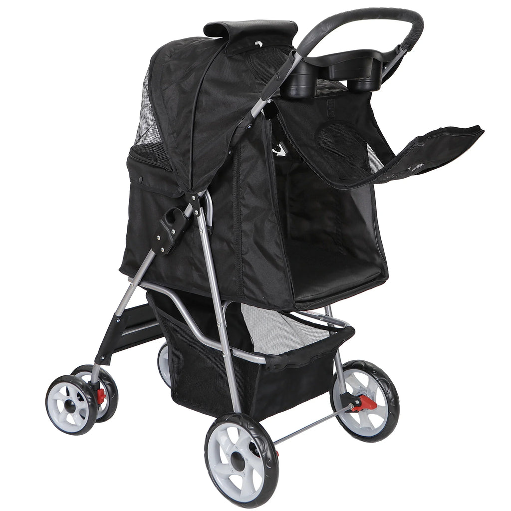 HomGarden 4 Wheel Foldable Pet Stroller Carrier Cart With Storage Basket And Cup Holder - Black