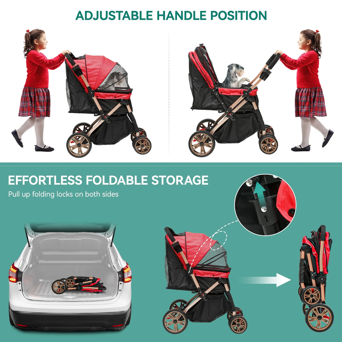 Dextrus 4-Wheel Foldable Pet Stroller With 7-inch Front And 10-inch Rear Wheels, 48.5 lbs Capacity