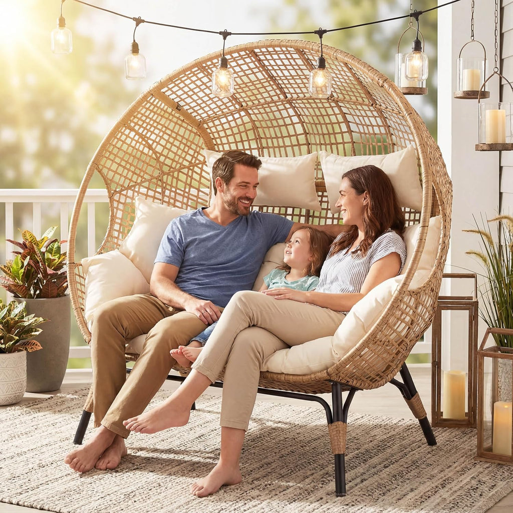 NICESOUL Double Egg Wicker Loveseat Chair, 2 Person, Beige