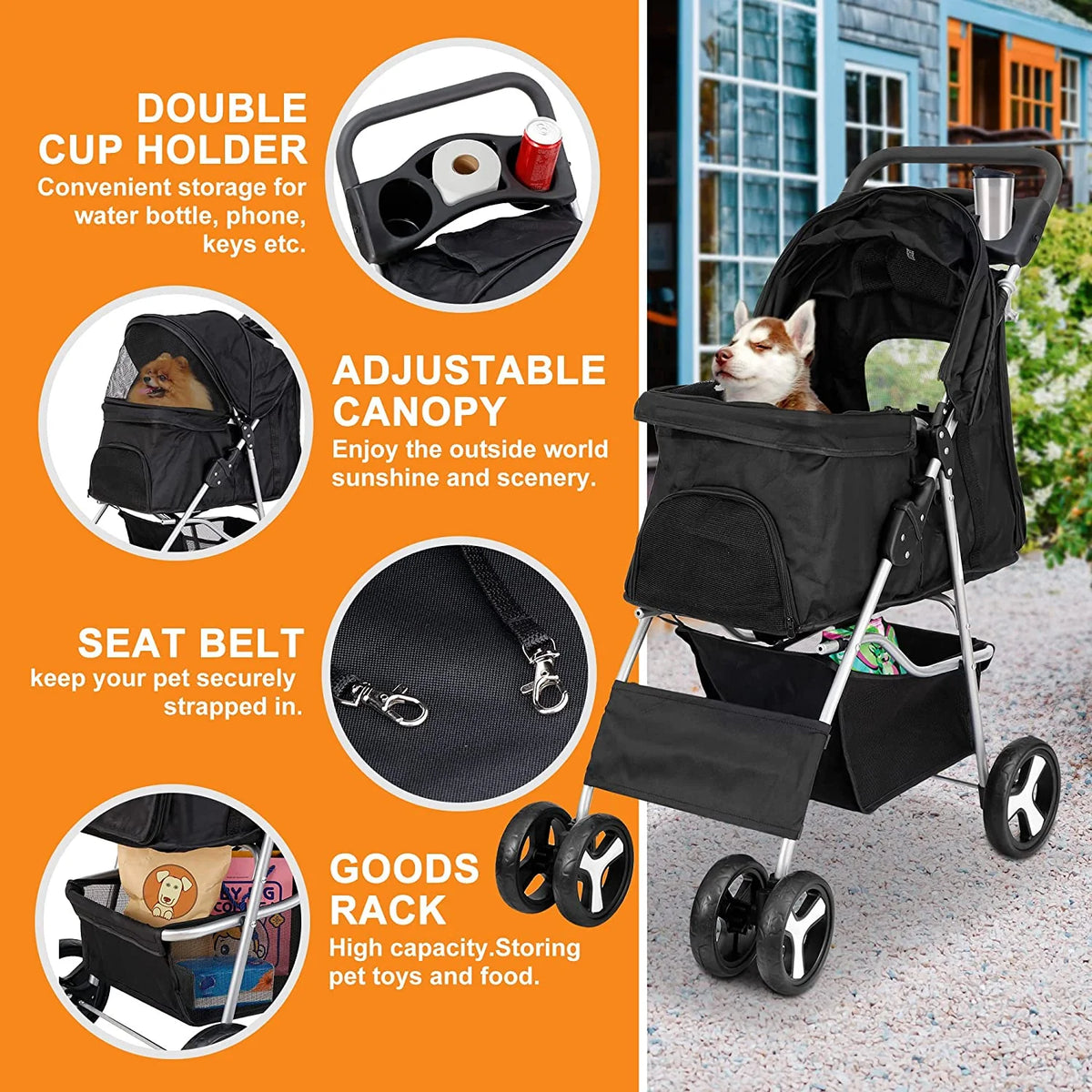 Pet Stroller With 4 Wheels For Small And Medium Dogs And Cats - Foldable, Oxford Cloth, 30 lbs Capacity