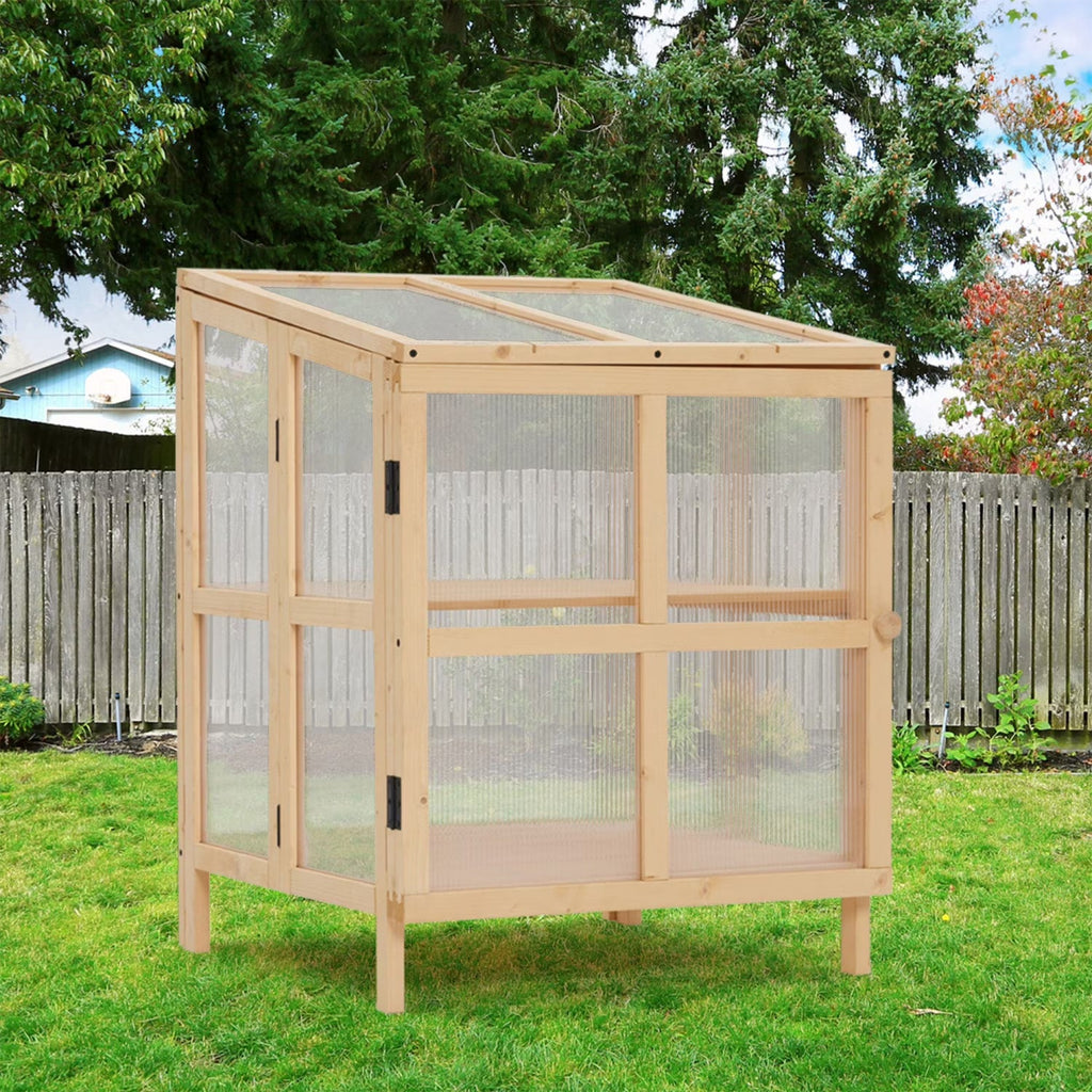Youmumeub Wooden Cold Frame Greenhouse With 2-Tier Raised Garden Planter And Polycarbonate Panels - Foldable, Natural Wood