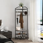 DONFU Corner Hall Tree With Shoe Bench, 10 Movable Metal Hooks, Greige