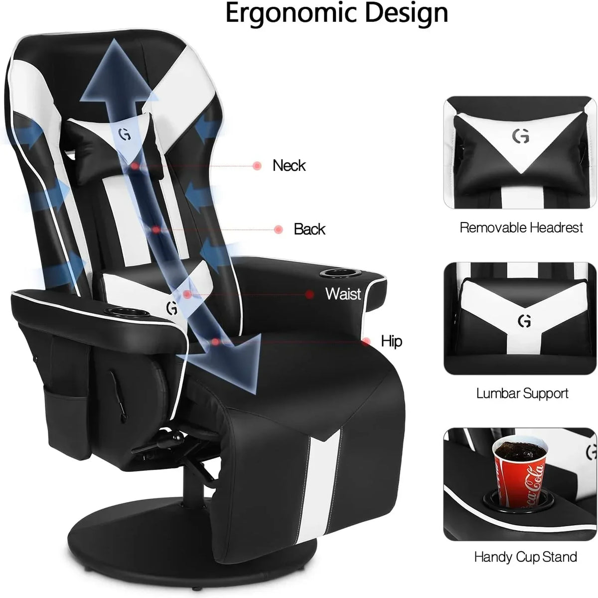 King Throne Ergonomic Gaming Chair With Footrest, Headrest, Lumbar Support, Cupholders, Black White