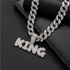 Full Diamond King Football Pendant Necklace With 20in Cuban Link Chain, 13mm Width