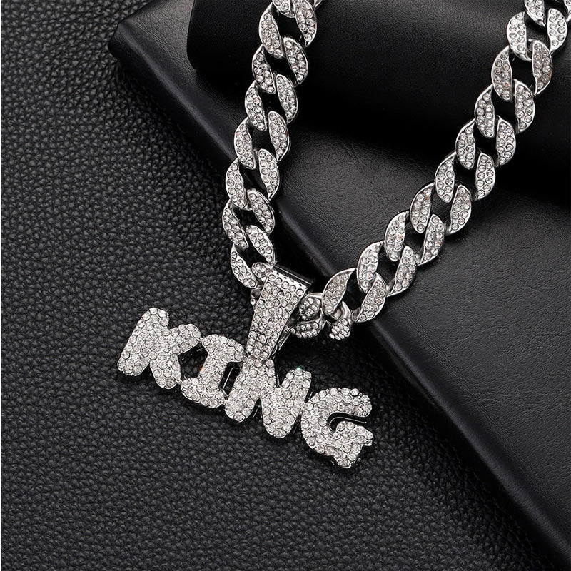 Full Diamond King Football Pendant Necklace With 20in Cuban Link Chain, 13mm Width