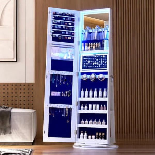 LVSOMT 360 Degree Rotating LED Jewelry Armoire With Full Length Mirror