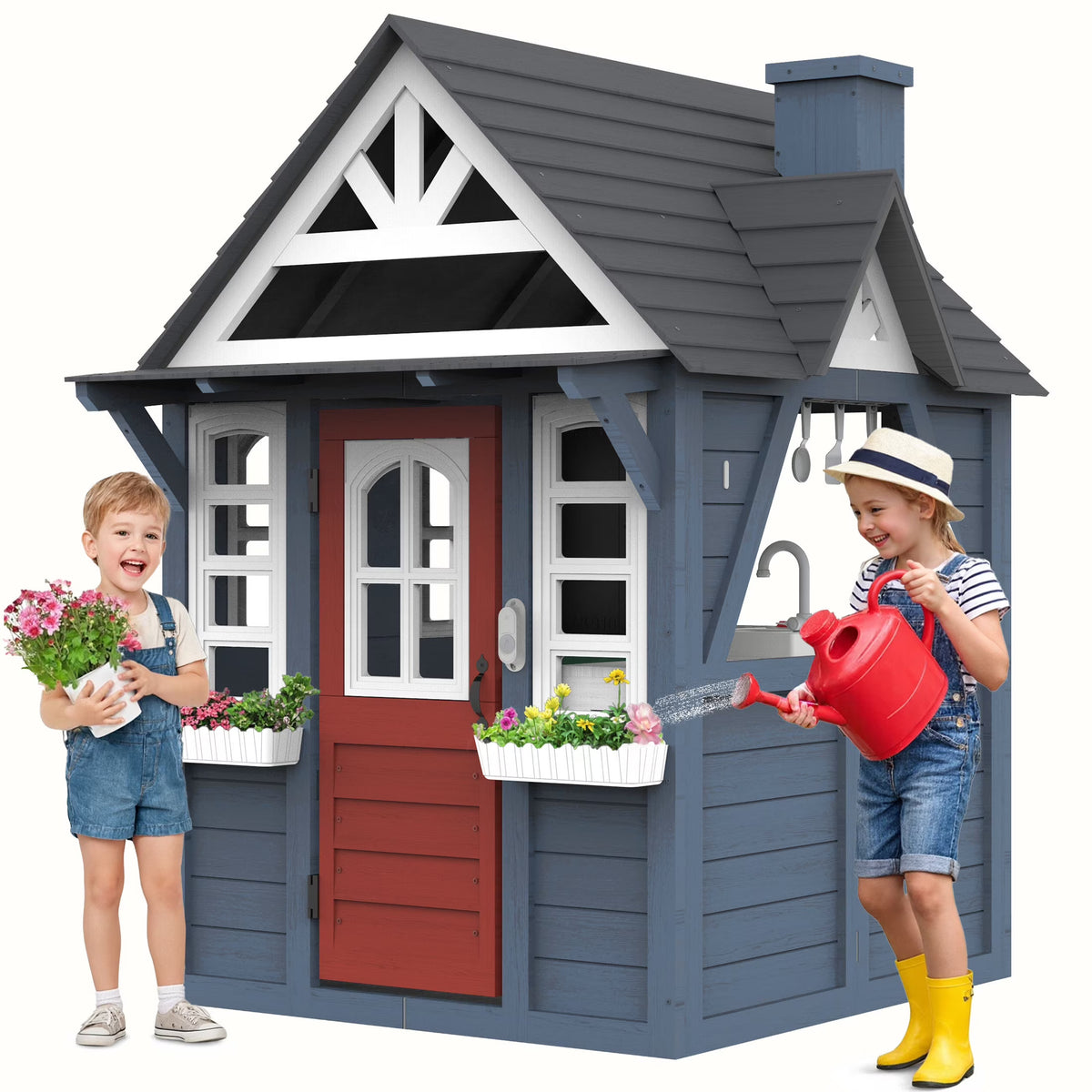 COCLUB Wooden Outdoor Playhouse With Doorbell, Phone And Kitchen Toys, 45in L x 43in W x 65in H