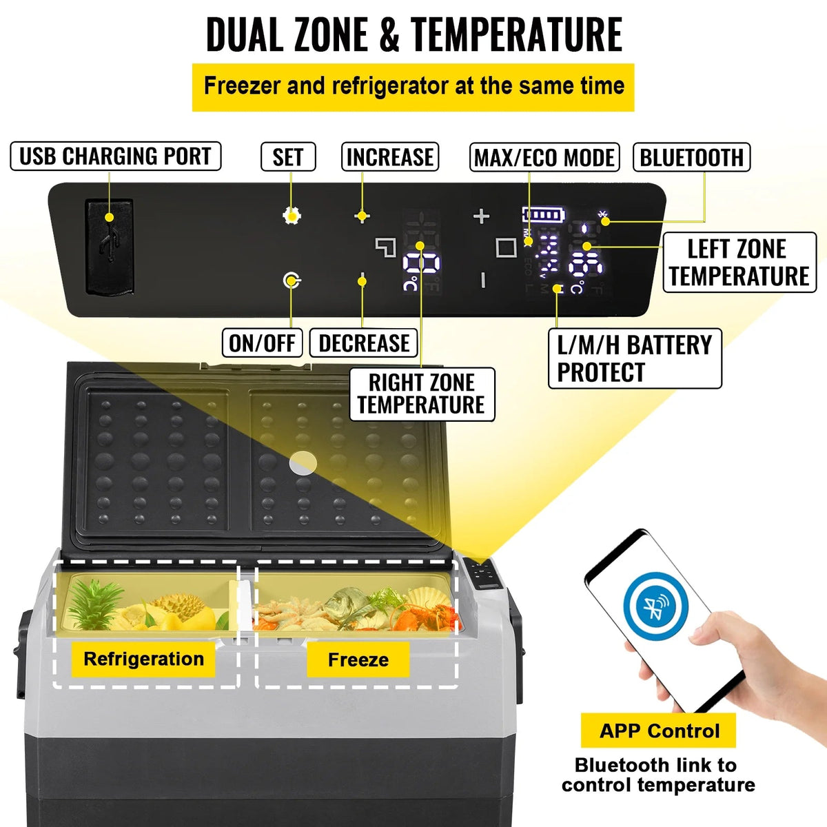VEVOR Dual-Zone Car Refrigerator Freezer, 48QT - T45K