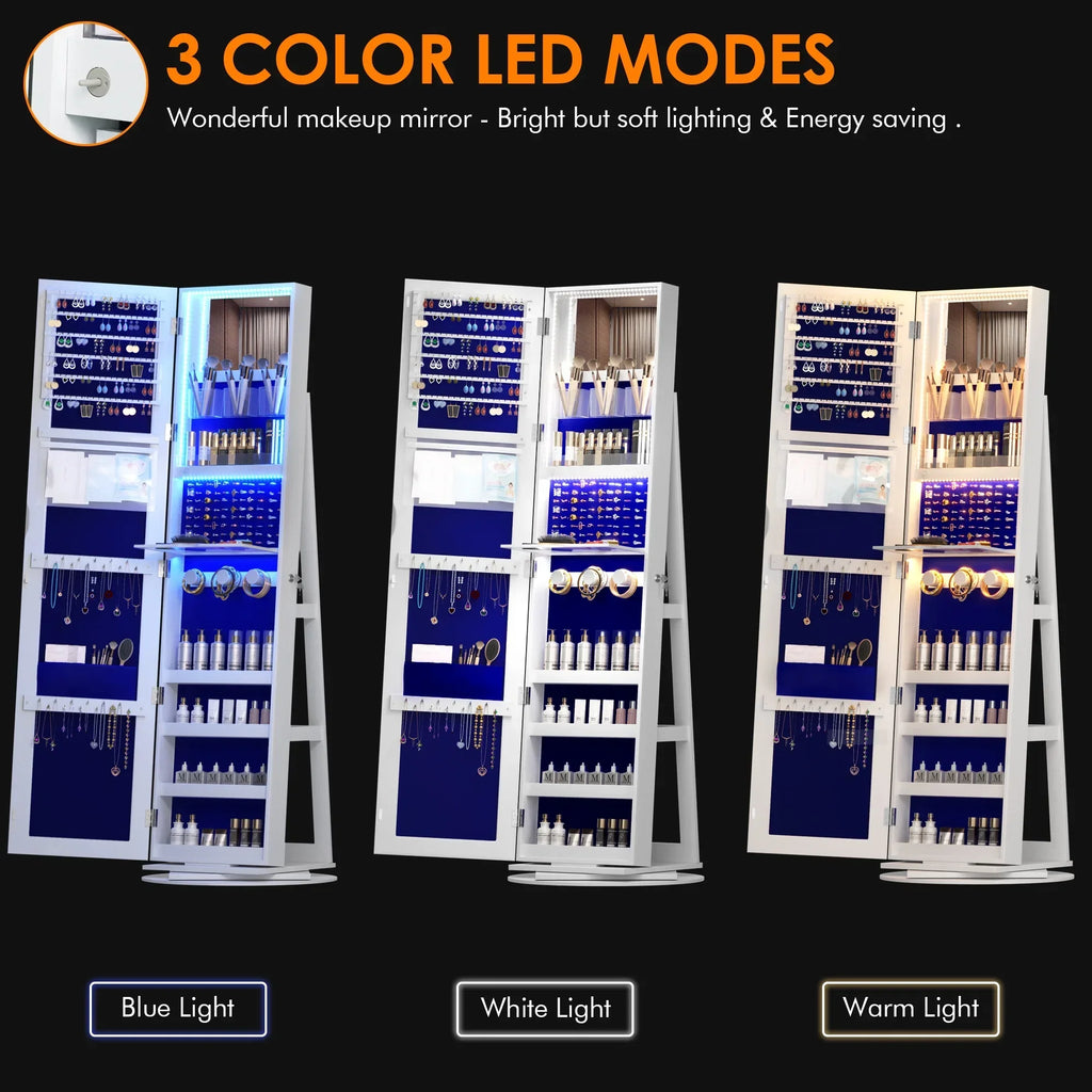 LVSOMT 360 Degree Rotating LED Jewelry Armoire With Full Length Mirror