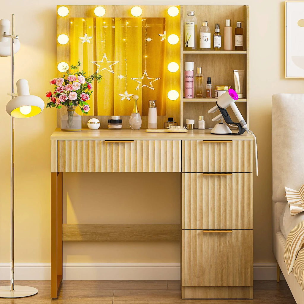 Ktaxon Vanity Makeup Table With Stool, 3-Color Lighted Mirror, 3 Shelves, Drawers, White - 35.43 x 15.55 x 29.53-53.27 in