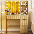 Ktaxon Vanity Makeup Table With Stool, 3-Color Lighted Mirror, 3 Shelves, Drawers, White - 35.43 x 15.55 x 29.53-53.27 in