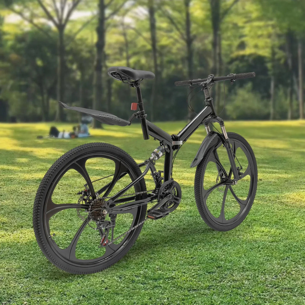 Aiqidi 26 Inch 21 Speed Full Suspension Folding Mountain Bike, Black