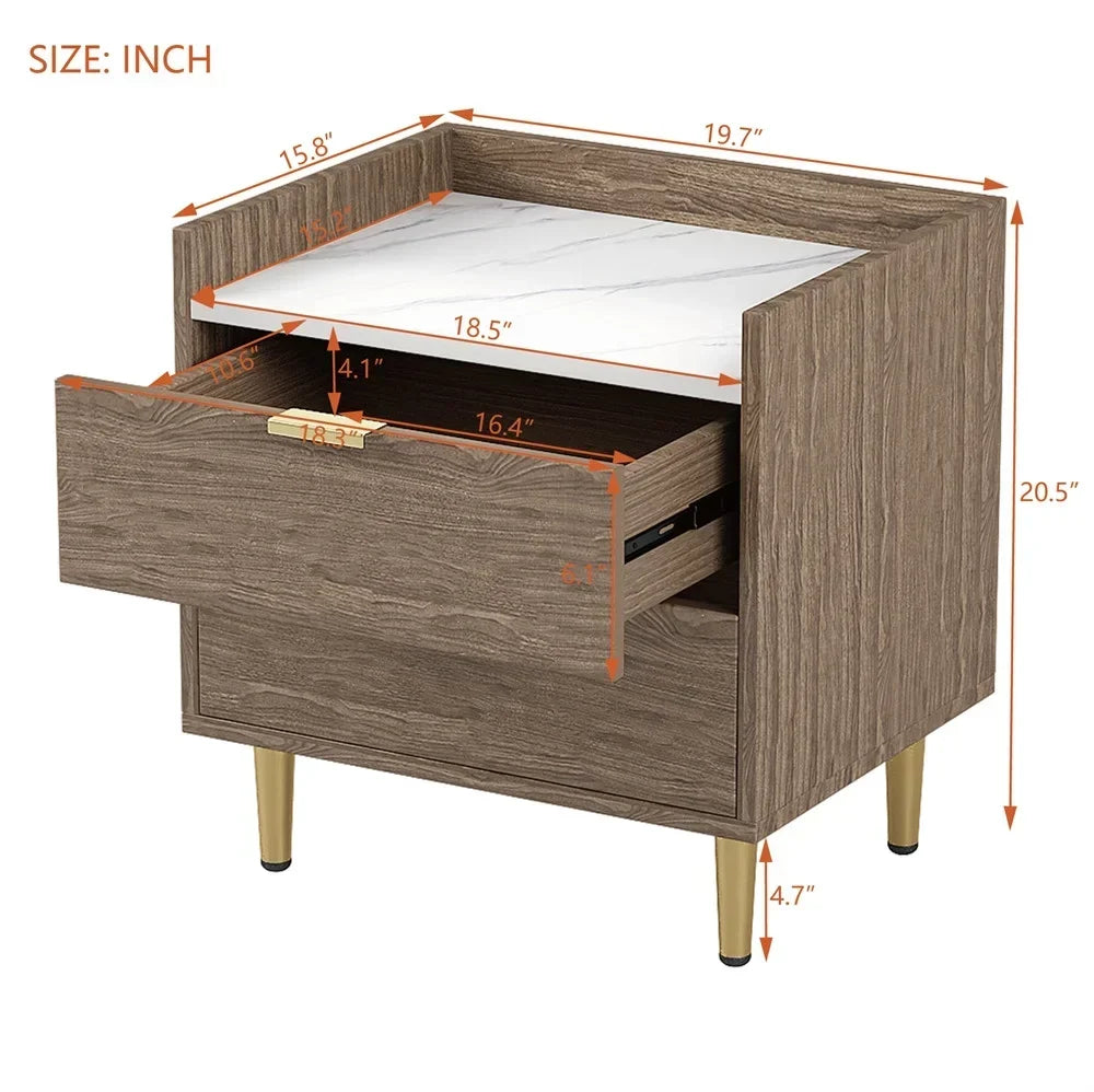 Ecarpat 2-Drawer Nightstand With Metal Legs And Marbled Worktop - 19.7in x 15.8in x 21.3in