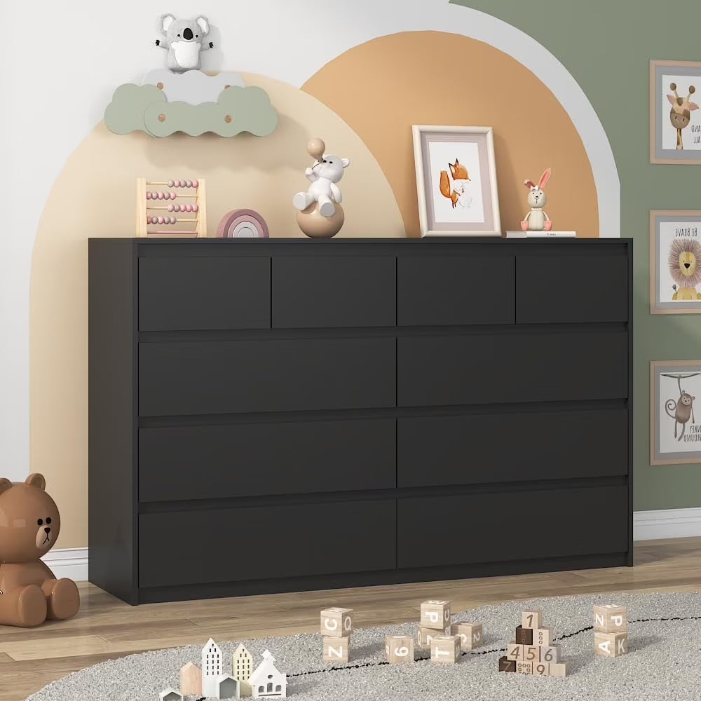 ChVans 9-Drawer Dresser With Charging Station, Black, 63in x 15.7in x 31.5in