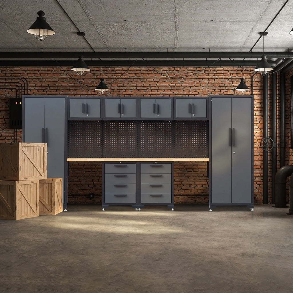 HPDMC 7-Piece Metal Garage Cabinet System With 4-Drawer Roller Cabinet, 47.2 in Workbench And Pegboards