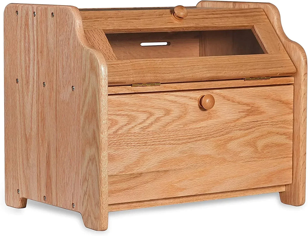 Solid Wood Oak Bread Box, Double Layer, Large Capacity, Clear Window - Nature