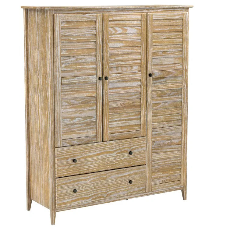 Solid Pine Wood Armoire, 3 Doors, 2 Drawers, 5 Shelves, 73.75 in H x 59.5 in W x 21.5 in D