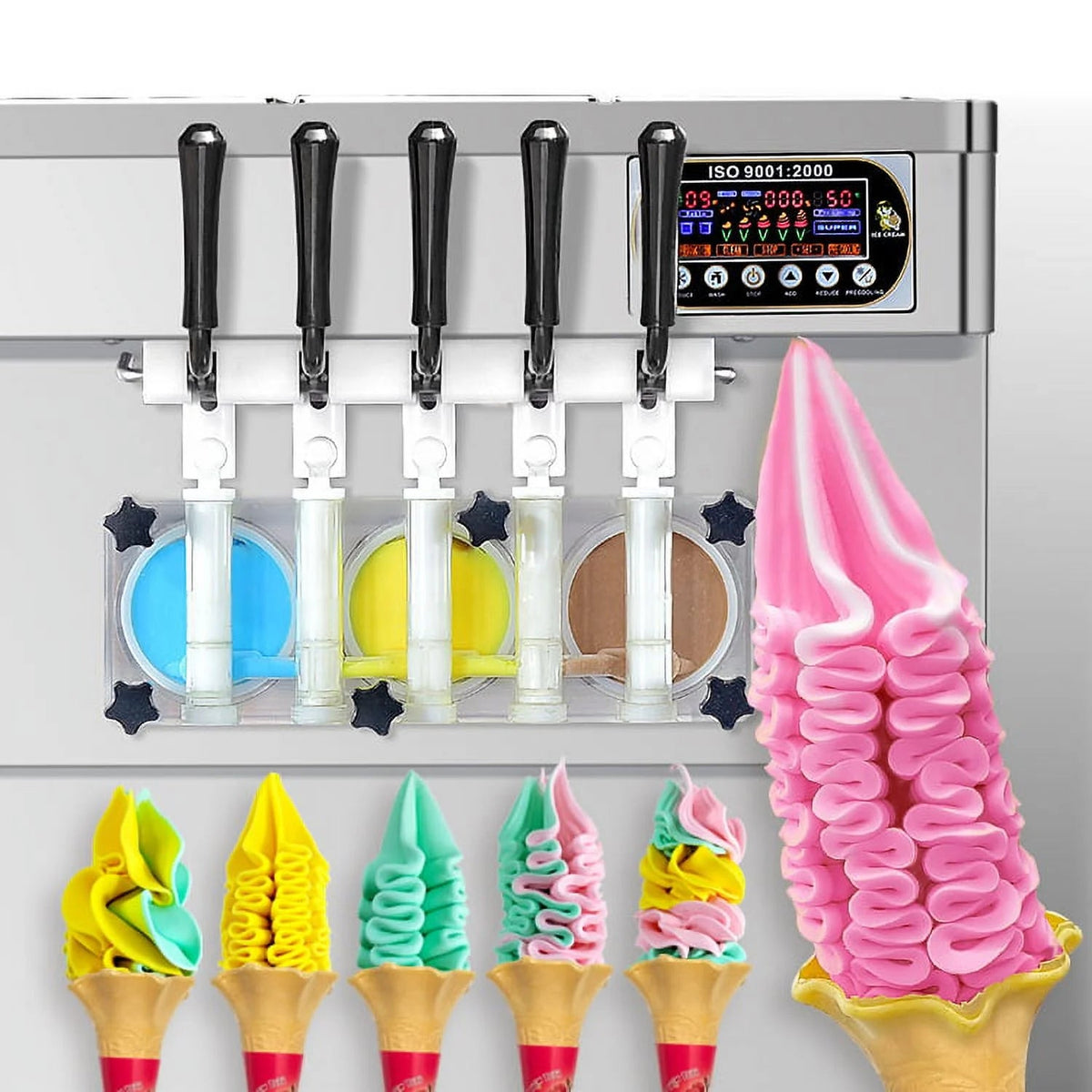Kolice Commercial Soft Serve Ice Cream Machine, 5 Flavors, 3 x 7L Upper Tanks, 110V 60HZ, 2KW