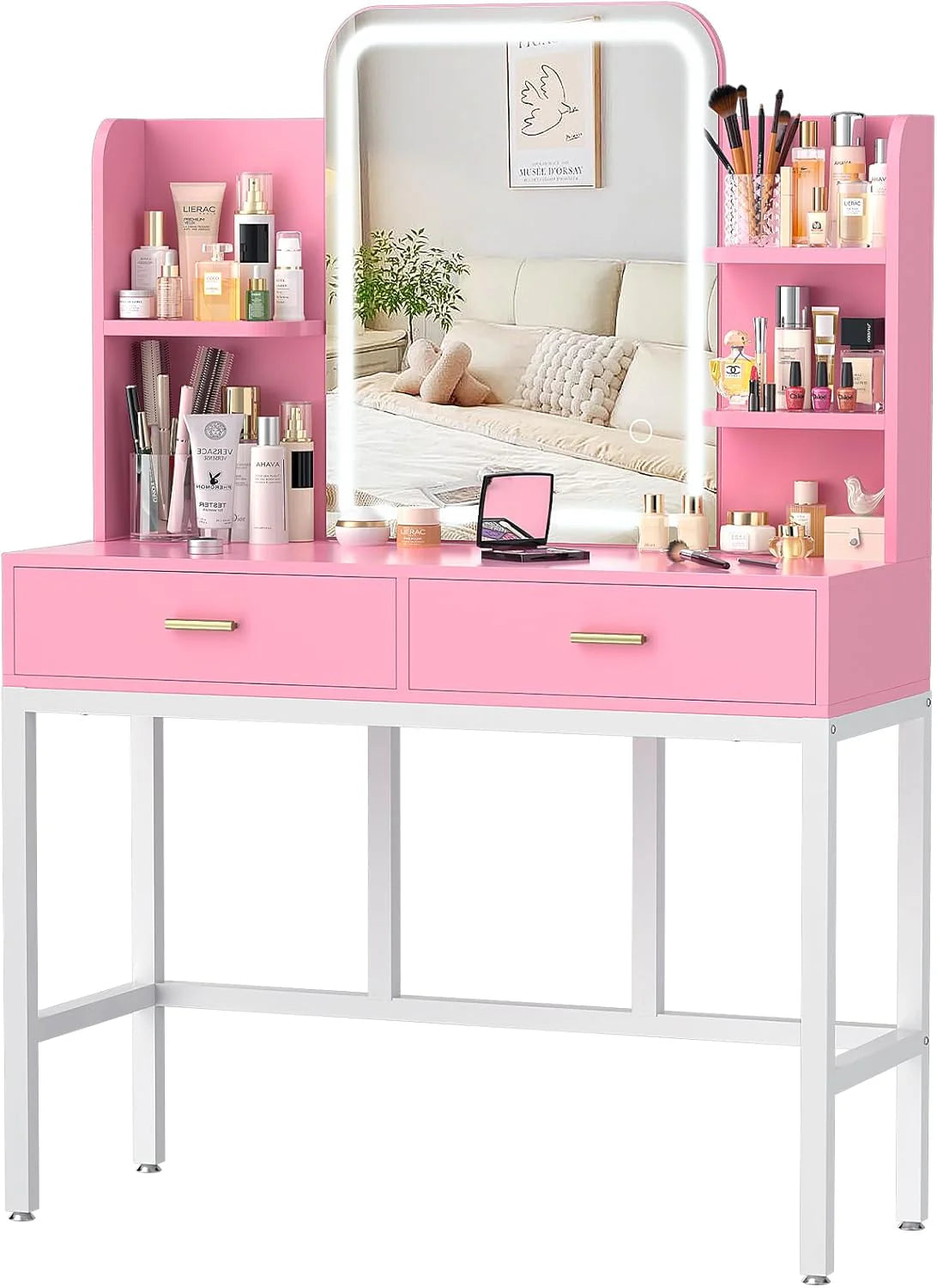 Cyclysio Makeup Vanity Desk With LED Mirror, 2 Drawers And 5 Open Shelves