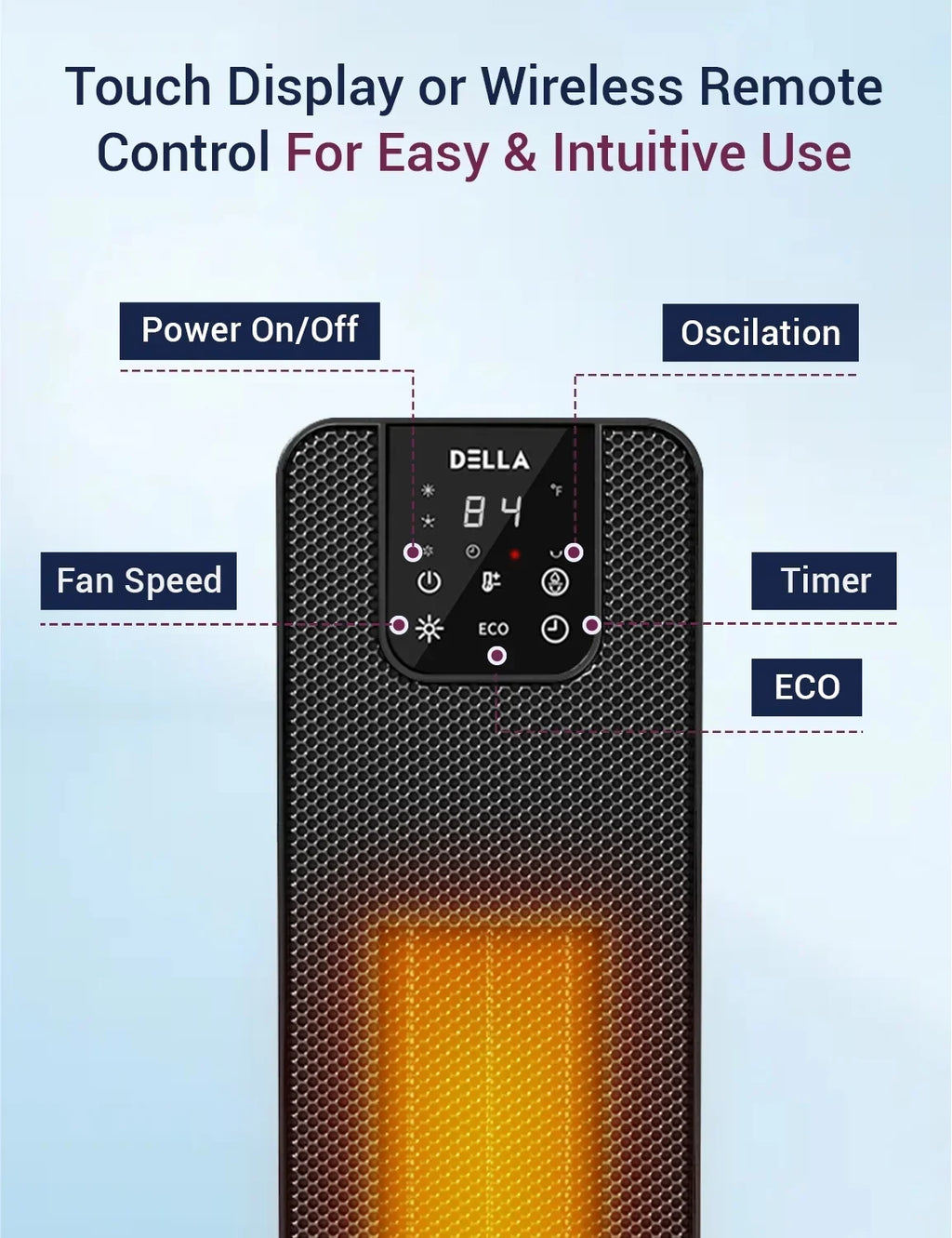 DELLA 26 in 1500W PTC Ceramic Tower Space Heater With 3D Flame, Black