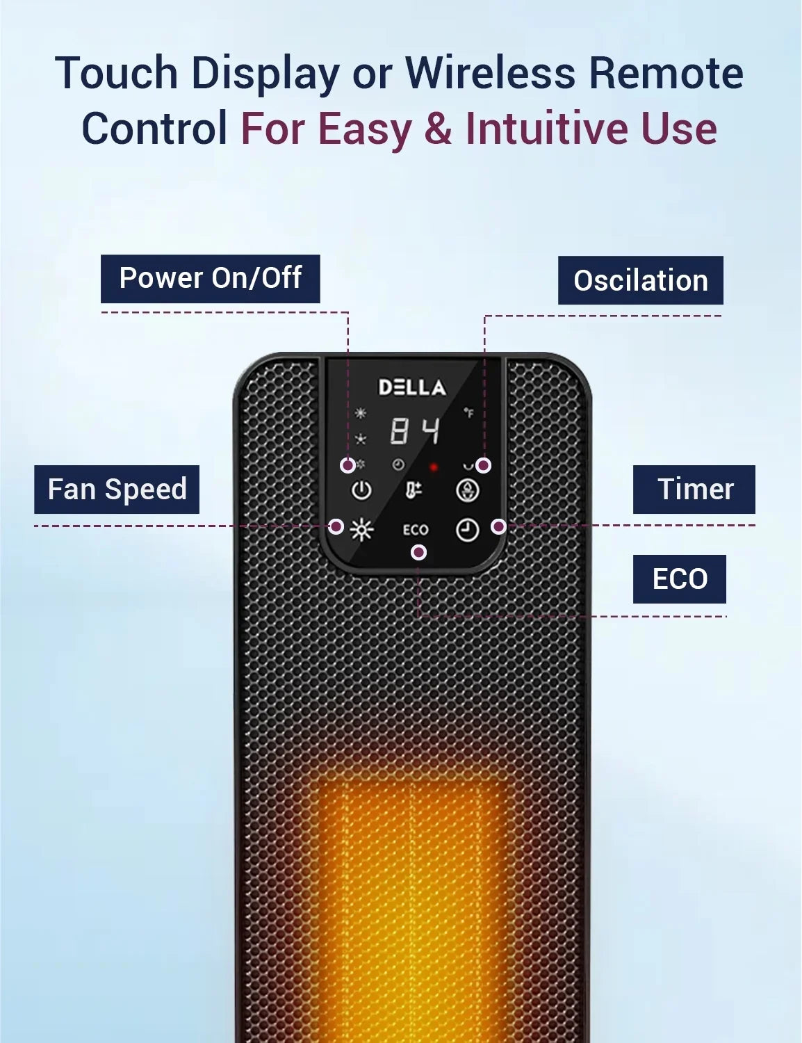 DELLA 26 in 1500W PTC Ceramic Tower Space Heater With 3D Flame, Black