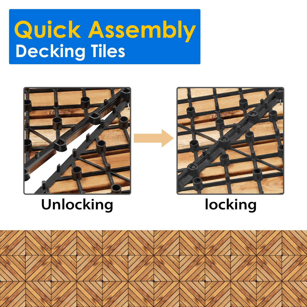 TrumanPick 27 PCS Interlocking Acacia Wood Deck Tiles, 12 in L x 12 in W, Brown Diagonal