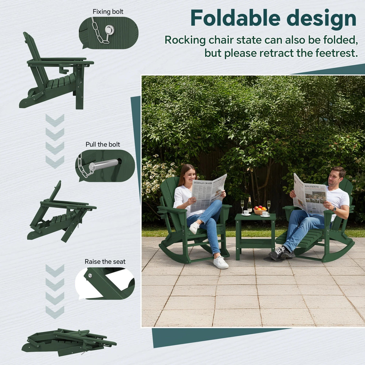 KINGYES Folding Adirondack Rocker Chair Set Of 2 With Footrest And Dual Cup Holders - Black