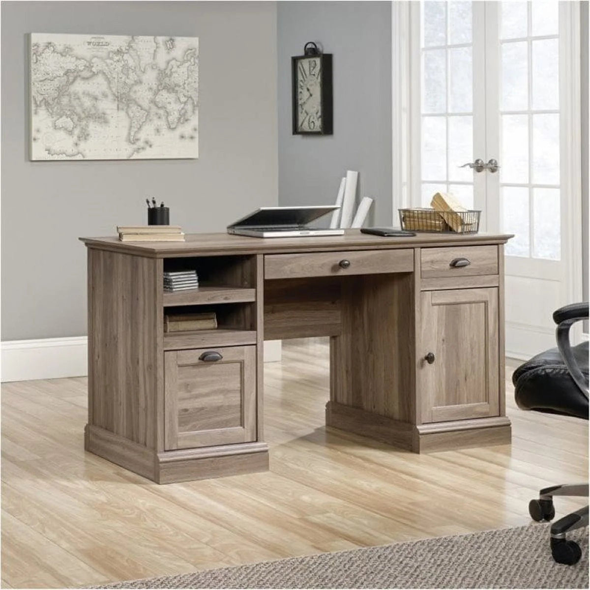 Bowery Hill Traditional Wood Executive Desk With File Drawer, Salt Oak