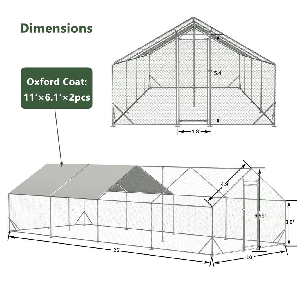 Large Metal Walk-In Chicken Coop With Galvanized Wire And Cover - 10' L x 26' W x 6.56' H