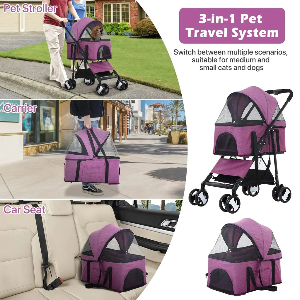 NiamVelo 3-in-1 Detachable Pet Stroller With 4 Wheels, Purple