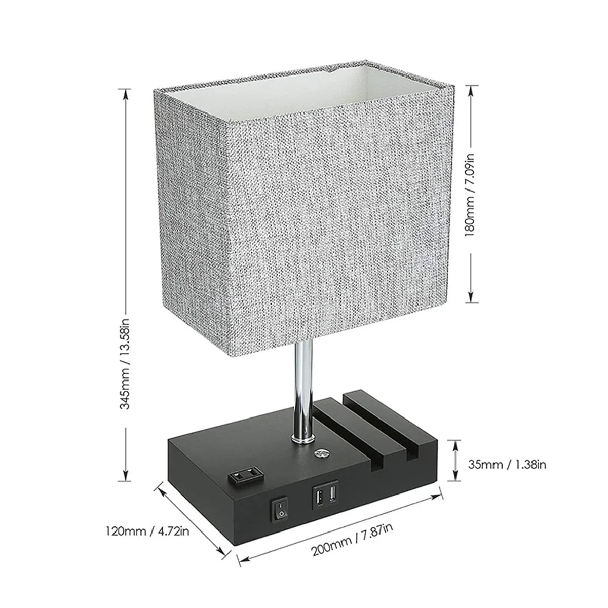 Touch Control Table Lamp With 2 USB Ports, 1 AC Outlet, 2 Phone Stands, Black Wooden Base And Grey Shade