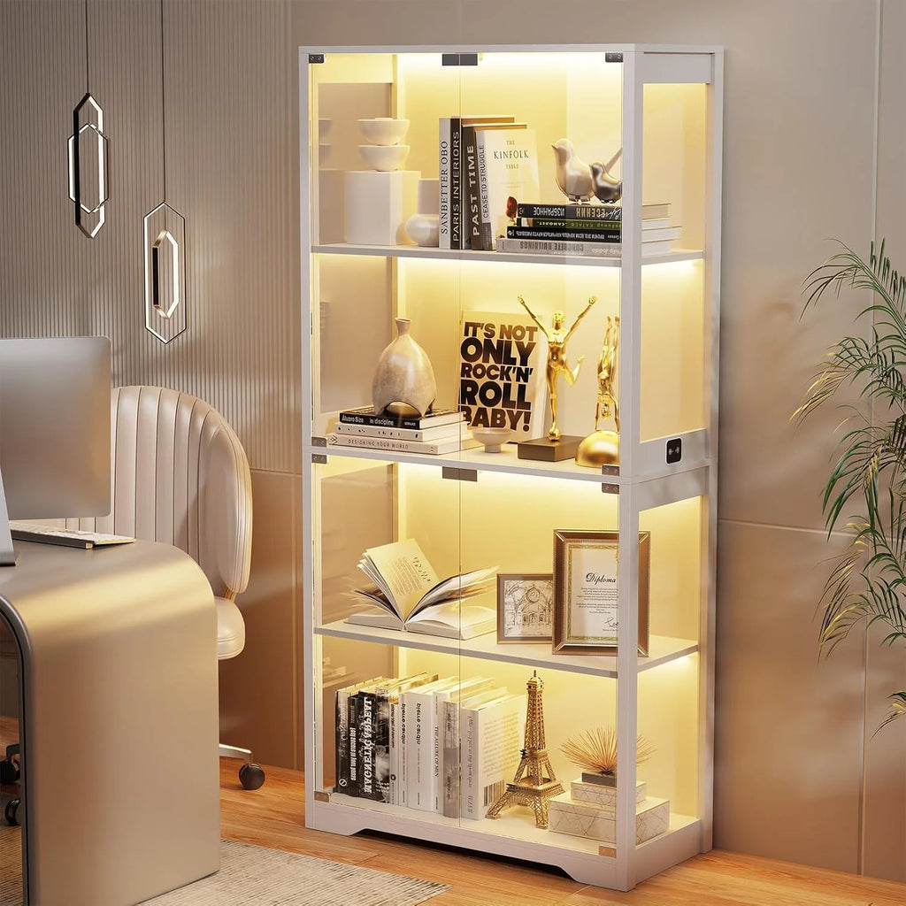 Glass Door Curio Display Cabinet, 4-Tier, Black, 3 Color Lights - GCC