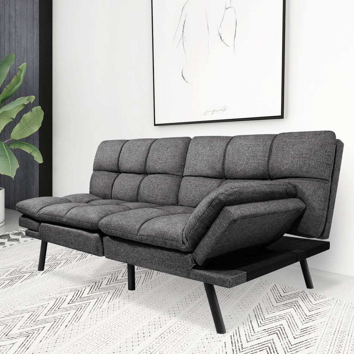Memory Foam Futon Sofa Bed With Adjustable Armrests And Backrest - Gray
